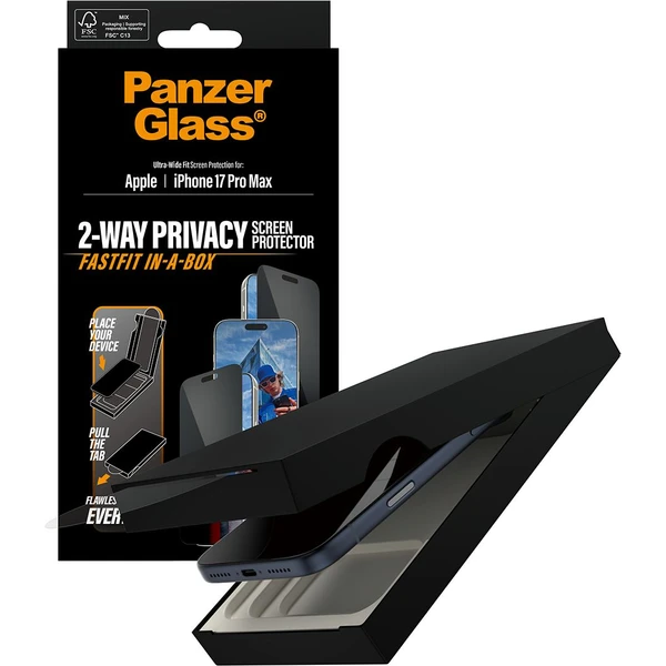 PanzerGlass® Privacy sklo Apple iPhone 17 Pro Max s bezprašným aplikačným boxom - Ochranné fólie a sklo - Obrázok HZEH000K01