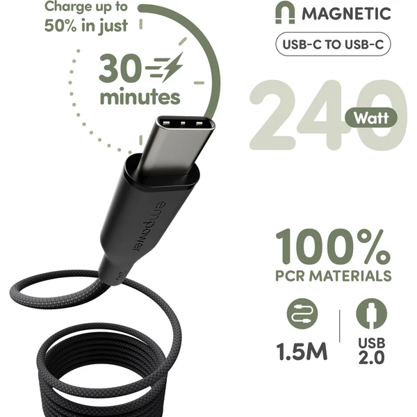 PanzerGlass USB-C/USB-C magnetický napájací kábel 240W 1,5m čierny - Káble a redukcie - Obrázok I63J000K01