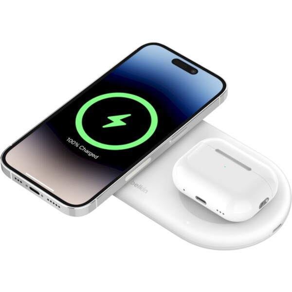 Belkin BOOST CHARGE PRE Qi2 2v1 magnetická nabíjacia podložka iPhone/AirPods biela
