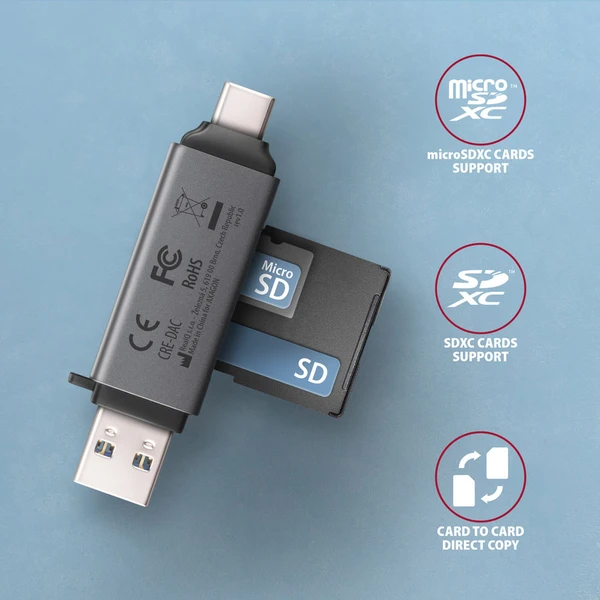 AXAGON CRE-DAC USB-C + USB-A MINI čítačka kariet - Čítačky pamäťových kariet - Obrázok J3P0000K01