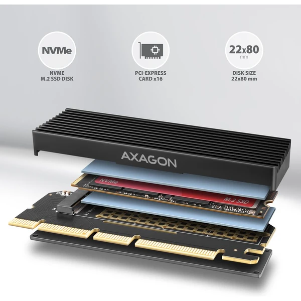 AXAGON PCEM2-XS PCIe x16 M.2 NVMe M-key slot adaptér - Radiče - Obrázok J5W3000L01