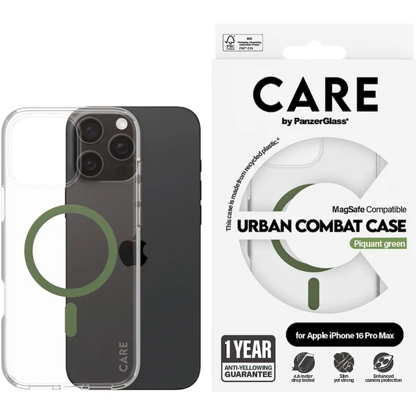 PanzerGlass® CARE kryt Apple iPhone 16 Pro Max MagSafe Urban Combat číry/zelený - Puzdra - Obrázok J708000P01