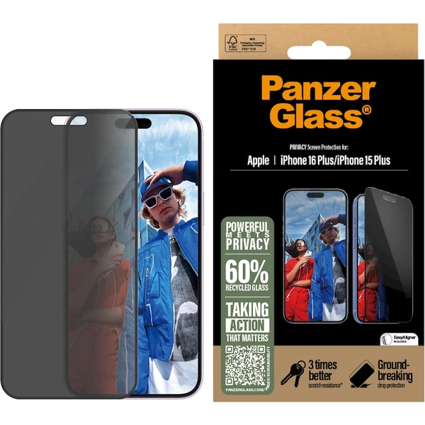 PanzerGlass® Privacy Apple iPhone 16 Plus/15 Plus s inštalačným rámčekom - Ochranné fólie a sklo - Obrázok JE08000P01