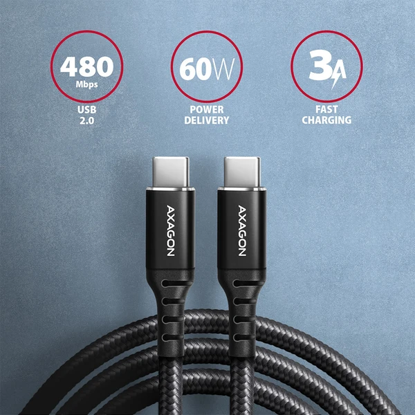 AXAGON BUCM-CM15AB USB-C/USB-C napájací kábel 60W 1,5m čierny - Káble a redukcie - Obrázok K1P0000K01