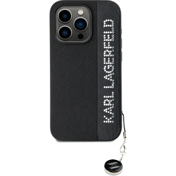 Karl Lagerfeld PU Saffiano Rhinestone Charm zadný kryt iPhone 15 Pro Max čierny - Puzdra - Obrázok K3N5000J01