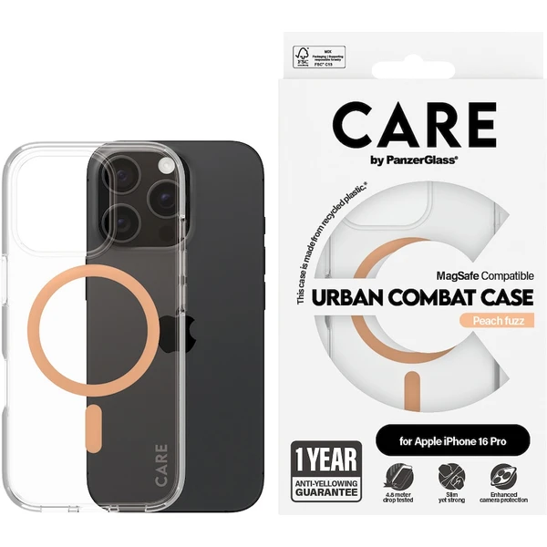 PanzerGlass® CARE kryt Apple iPhone 16 Pro MagSafe Urban Combat číry/broskyňový - Puzdra - Obrázok K508000P01