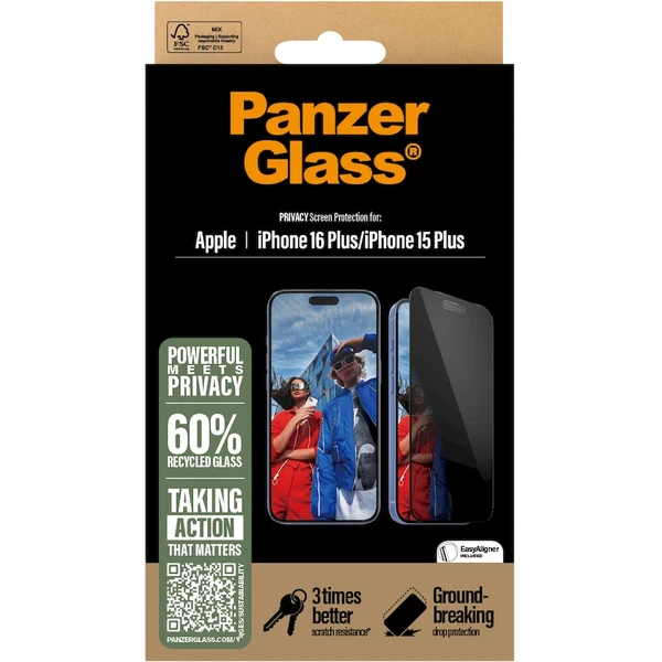 PanzerGlass® Privacy Apple iPhone 16 Plus/15 Plus s inštalačným rámčekom - Ochranné fólie a sklo - Obrázok KE08000P01