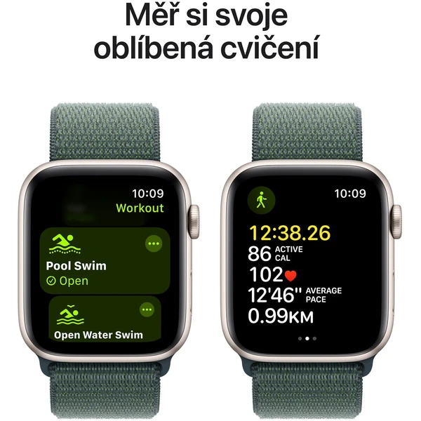 Apple Watch SE (2024) Cellular 44mm Hviezdne biely hliník s jazerne zeleným prevliekacím remienkom - Inteligentné hodinky - Obrázok KHQ7000K01
