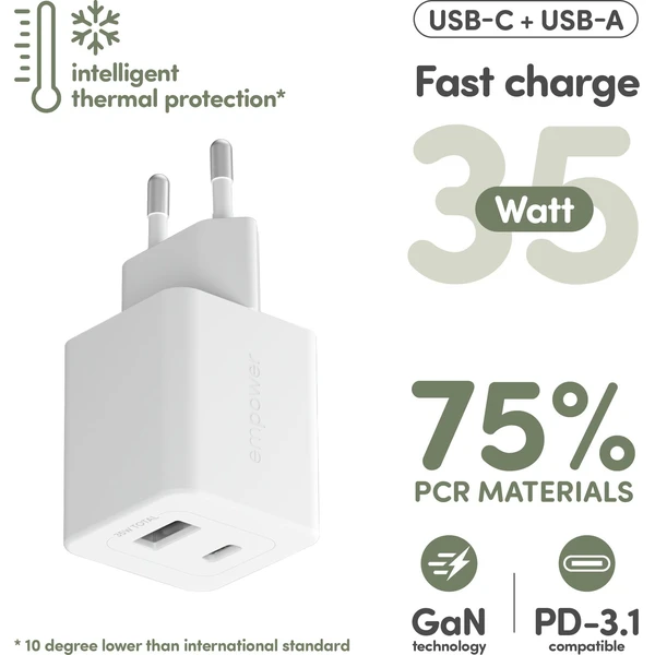 PanzerGlass® empower nabíjačka Turbo GaN (35 W) 1x USB-C + 1x USB-A, biela - Nabíjačky - Obrázok L53J000K01