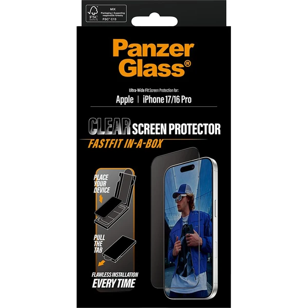 PanzerGlass® Ultra-Wide Fit sklo Apple iPhone 17/16 Pro s bezprašným aplikačným boxom - Ochranné fólie a sklo - Obrázok L5KH000K01