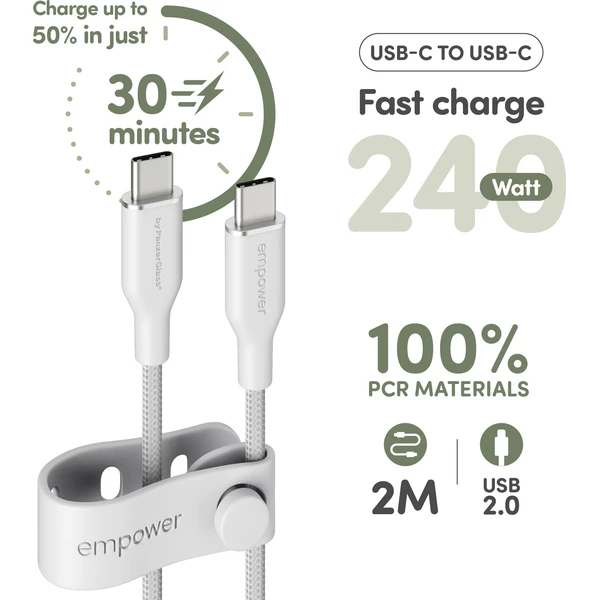 PanzerGlass USB-C/USB-C napájací kábel 240W 2m biely - Káble a redukcie - Obrázok L93J000K01