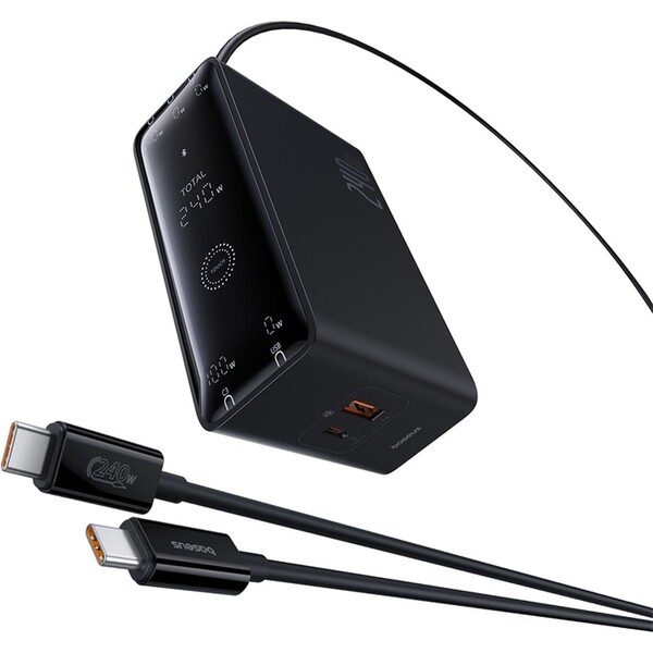 Baseus Digital Charger nabíjacia stanica 240W GaN, 3xUSB-C, USB+ DC, 1m kábel čierna