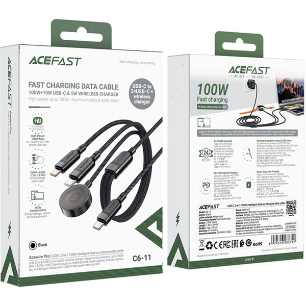 Acefast USB-C 3v1 100W inteligentný nabíjací dátový kábel, 1,2m - Káble - Obrázok M8ZB000J01