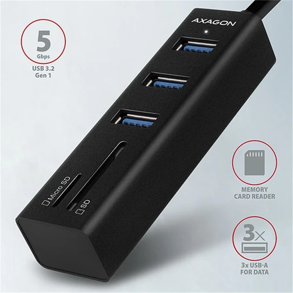 AXAGON HMACR3A USB 3.2 Gen 1 húb porty 3x USBA + čítačka kariet SD/microSD kovový kábel USBA 20 - USB huby - Obrázok N77HF00101