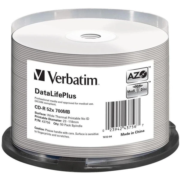 VERBATIM CD-R(50 ks) spindl, AZO 52X,700MB,biely, bez loga, možnosť potlače - Optické disky - Hlavný obrázok