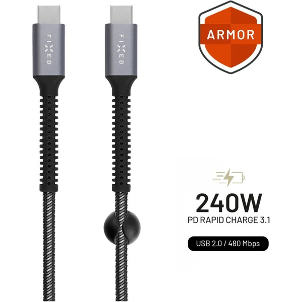 FIXED Armor USB-C/USB-C napájací kábel 240W 1,2m sivý - Káble a redukcie - Hlavný obrázok