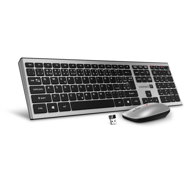 CONNECT IT Combo bezdrôtová strieborná klávesnica + myš, (+2x A