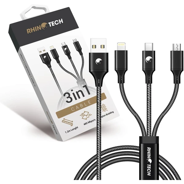 RhinoTech nabíjací a dátový kábel 3v1 USB-A (MicroUSB + Lightning + USB-C) 1,2 m čierny - Káble - Obrázok O331000L01