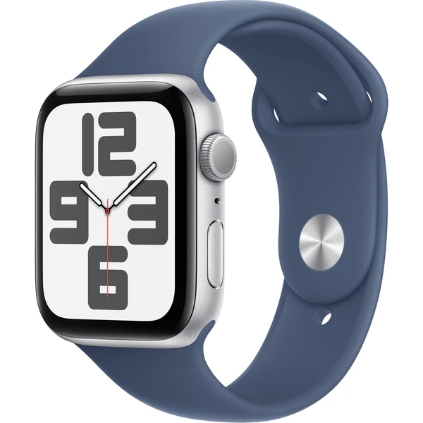 Apple Watch SE (2024) 44mm Strieborný hliník s denimovým športovým remienkom S/M - Inteligentné hodinky - Hlavný obrázok