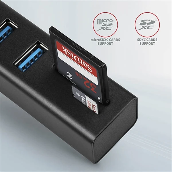 AXAGON HMACR3A USB 3.2 Gen 1 húb porty 3x USBA + čítačka kariet SD/microSD kovový kábel USBA 20 - USB huby - Obrázok O77HF00101