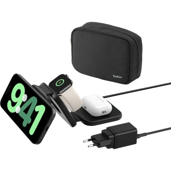 Belkin BOOST CHARGE PRE Qi2/MagSafe 3v1 bezdrôtová skladacia cestovná nabíjačka čierna (CZ adaptér) - Nabíjačky - Hlavný obrázok
