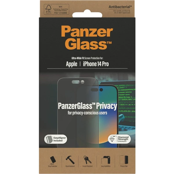 PanzerGlass™ Ultra-Wide Fit Privacy iPhone 14 Pro s inštalačným rámčekom - Ochranné fólie a sklo - Obrázok OFKG100501