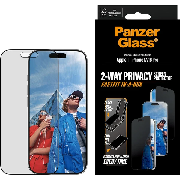 PanzerGlass® Privacy sklo Apple iPhone 17/16 Pro s bezprašným aplikačným boxom - Ochranné fólie a sklo - Hlavný obrázok