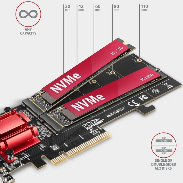 AXAGON PCEM2-ND PCIe x8 radič 2x M.2 NVMe M-key slot - Radiče - Obrázok P1J0000P01