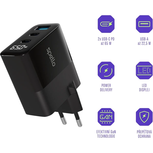 Spello ForceBoost Display GaN 65W nabíjací adaptér čierny - Nabíjačky - Obrázok P1LL000K01