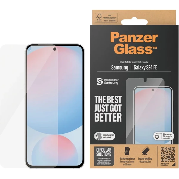PanzerGlass® Ultra-Wide Fit sklo Samsung Galaxy S24 FE 5G s inštalačným rámčekom - Ochranné fólie a sklo - Obrázok P5CD000O01