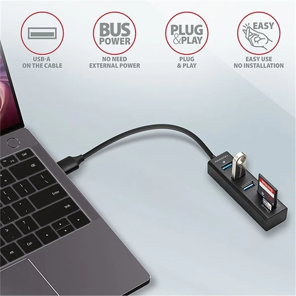 AXAGON HMACR3A USB 3.2 Gen 1 húb porty 3x USBA + čítačka kariet SD/microSD kovový kábel USBA 20 - USB huby - Obrázok P77HF00101