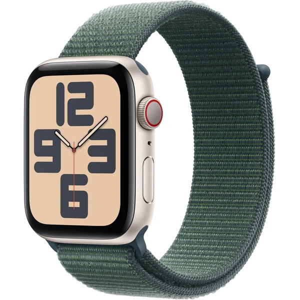 Apple Watch SE (2024) Cellular 44mm Hviezdne biely hliník s jazerne zeleným prevliekacím remienkom - Inteligentné hodinky - Hlavný obrázok