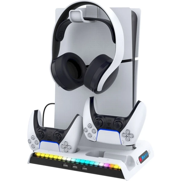 iPega P5S006 Multifunkčný Nabíjací RGB Stojan s Chladením pre PS5 Slim biely - Nabíjačky - Obrázok PHU0000K01