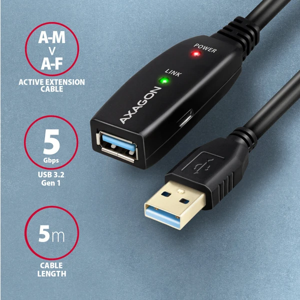 AXAGON ADR-305 USB-A/USB-A predlžovací kábel 5m čierny - Káble a redukcie - Obrázok PKS6000701