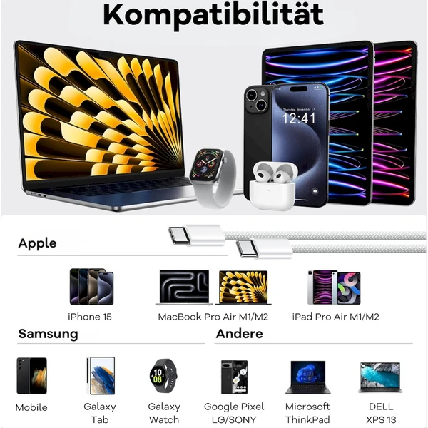 Cubenest opletený napájací kábel USB-C/USB-C 60W 1m biely 2ks - Káble a redukcie - Obrázok PRD5000O01