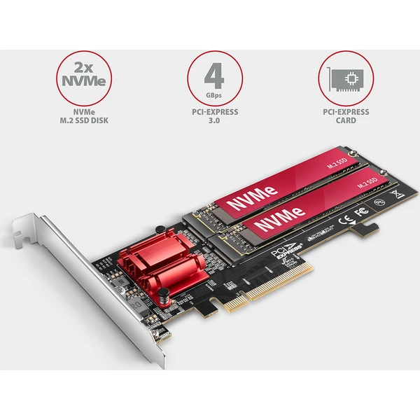 AXAGON PCEM2-ND PCIe x8 radič 2x M.2 NVMe M-key slot - Radiče - Obrázok Q1J0000P01