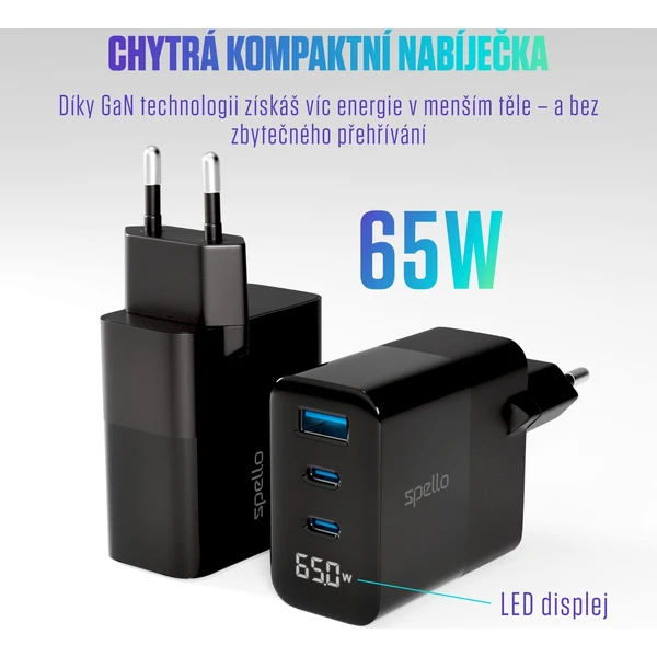 Spello ForceBoost Display GaN 65W nabíjací adaptér čierny - Nabíjačky - Obrázok Q1LL000K01