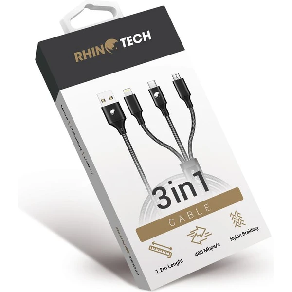 RhinoTech nabíjací a dátový kábel 3v1 USB-A (MicroUSB + Lightning + USB-C) 1,2 m čierny - Káble - Obrázok Q331000L01