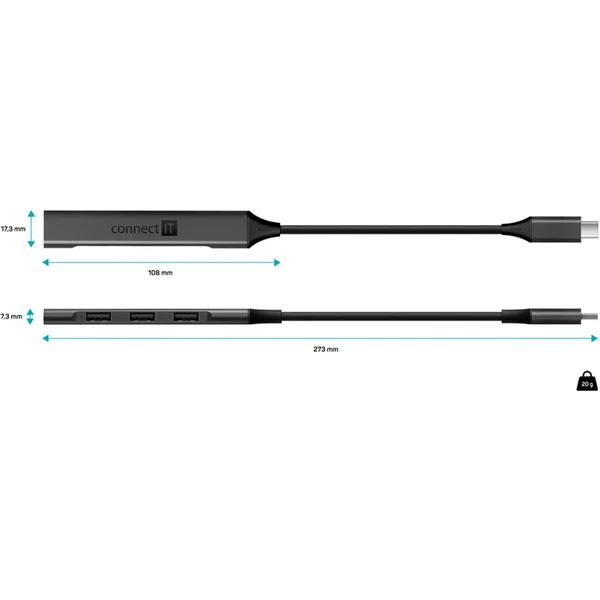 CONNECT IT USB-C hub, (1xUSB-A 3.0, 3xUSB-A 2.0), externý antracitový - USB huby - Obrázok Q5N0000P01