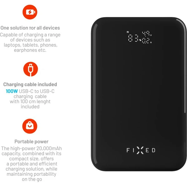 FIXED Zen 20 Pro powerbanka s LCD displejom (130W), 20000 mAh, čierna - Powerbanky - Obrázok Q7W5000L01