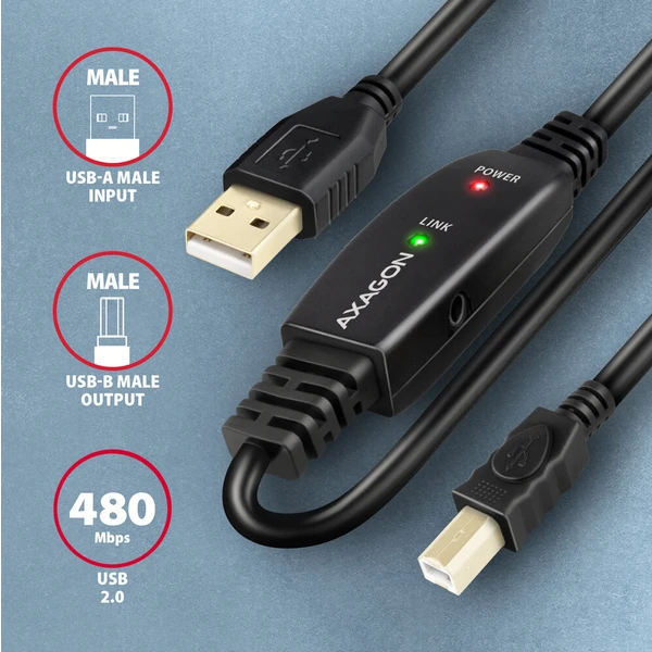 AXAGON ADR-220B USB-A/USB-B predlžovací kábel 20m čierny - Káble a redukcie - Obrázok QIS6000701