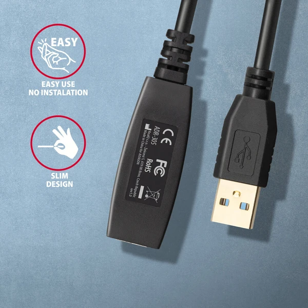 AXAGON ADR-305 USB-A/USB-A predlžovací kábel 5m čierny - Káble a redukcie - Obrázok QKS6000701