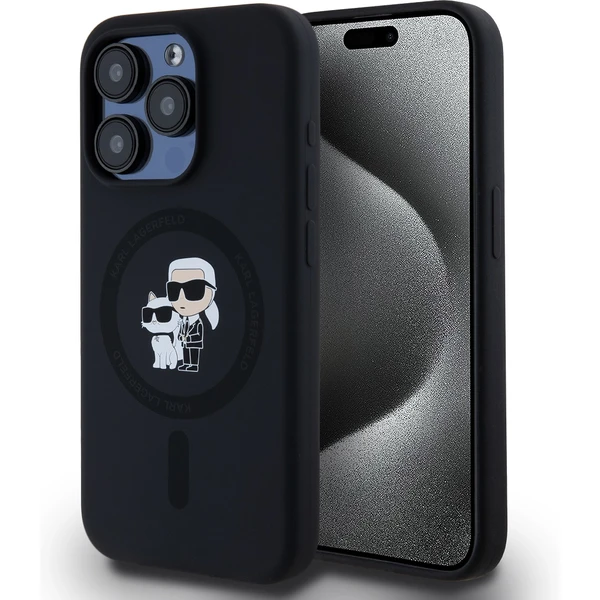 Karl Lagerfeld Liquid Silicone Karl and Choupette Magsafe zadný kryt iPhone 15 Pre čierny - Puzdra - Hlavný obrázok