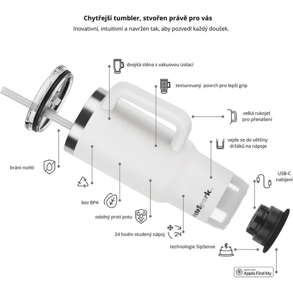 HidrateSpark PRO 2 Tumbler šikovný hrnček, 887 ml biely - Inteligentné fľaše - Obrázok QV2H000K01