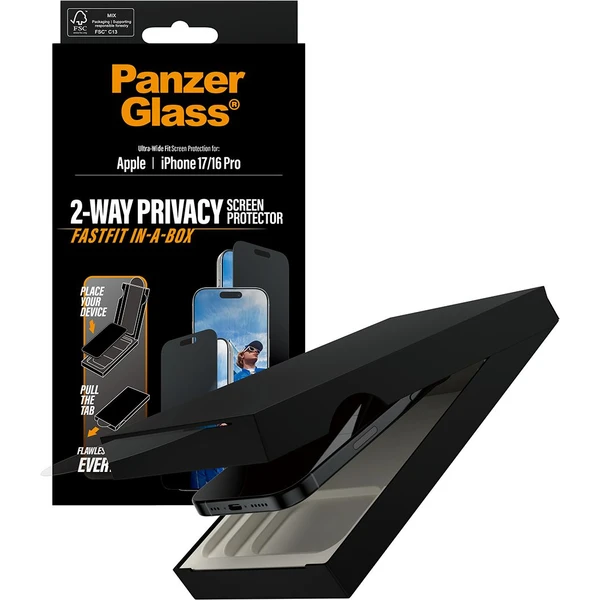 PanzerGlass® Privacy sklo Apple iPhone 17/16 Pro s bezprašným aplikačným boxom - Ochranné fólie a sklo - Obrázok R0KH000K01