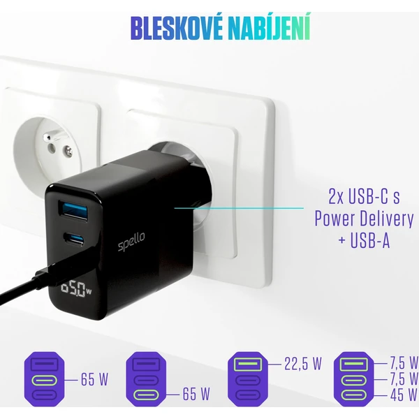 Spello ForceBoost Display GaN 65W nabíjací adaptér čierny - Nabíjačky - Obrázok R1LL000K01