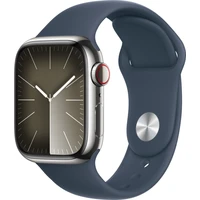 Apple Watch Series 9 Cellular 41mm Strieborný hliník s búrkovo modrým športovým remienkom S/M - Inteligentné hodinky