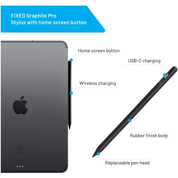 Dotykové pero pre iPady s bezdrôtovým nabíjaním a šikovným tlačidlom FIXED Graphite Pro, čierny - Stylusy - Obrázok R5E4000J01