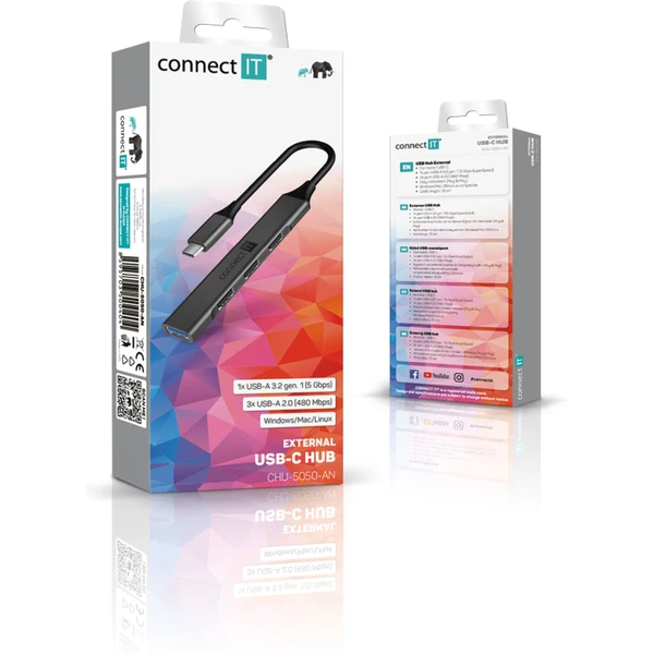 CONNECT IT USB-C hub, (1xUSB-A 3.0, 3xUSB-A 2.0), externý antracitový - USB huby - Obrázok R5N0000P01