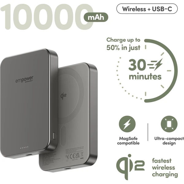 PanzerGlass® empower bezdrôtová Qi2 powerbanka 10000 mAh, MagSafe, sivá - Powerbanky - Obrázok R73J000K01